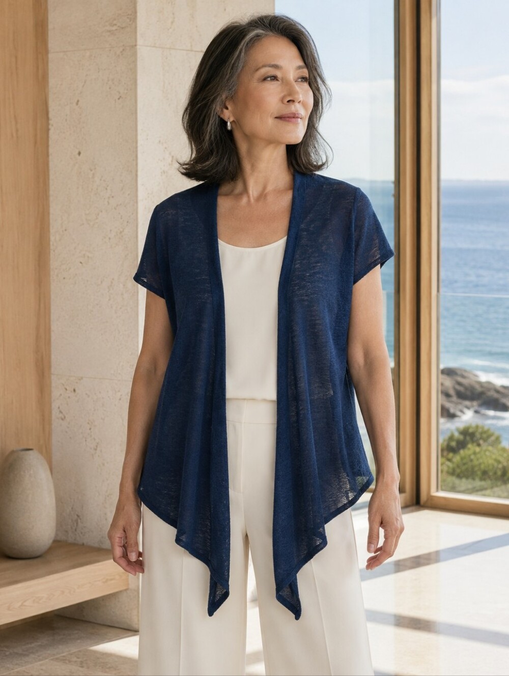 Eileen Fisher Linen Cotton Open Front Cardigan M Navy Handkerchief Hem